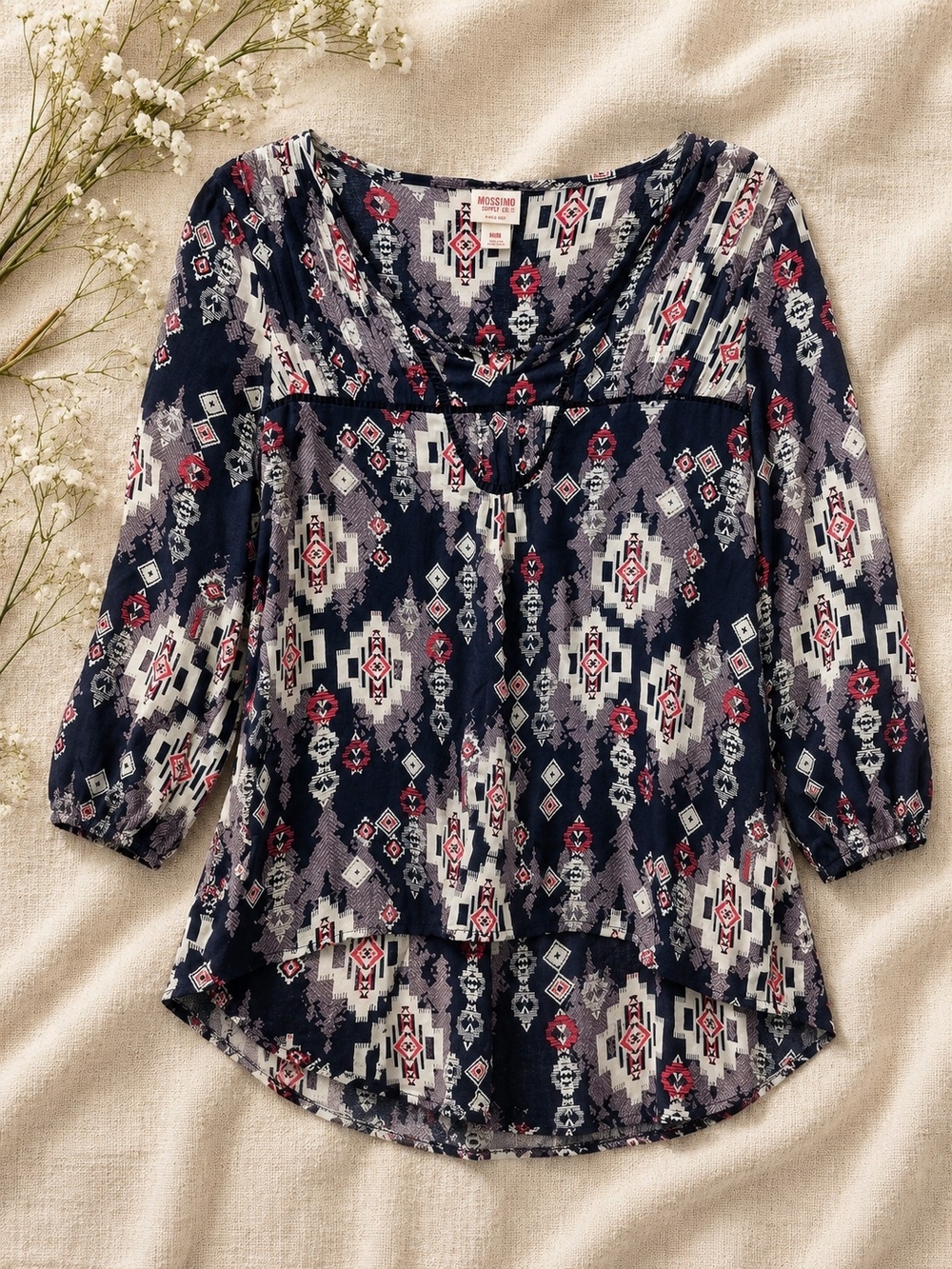 Mossimo Southwestern Boho Top Medium Navy Tribal Print 3/4 Sleeve Blouse